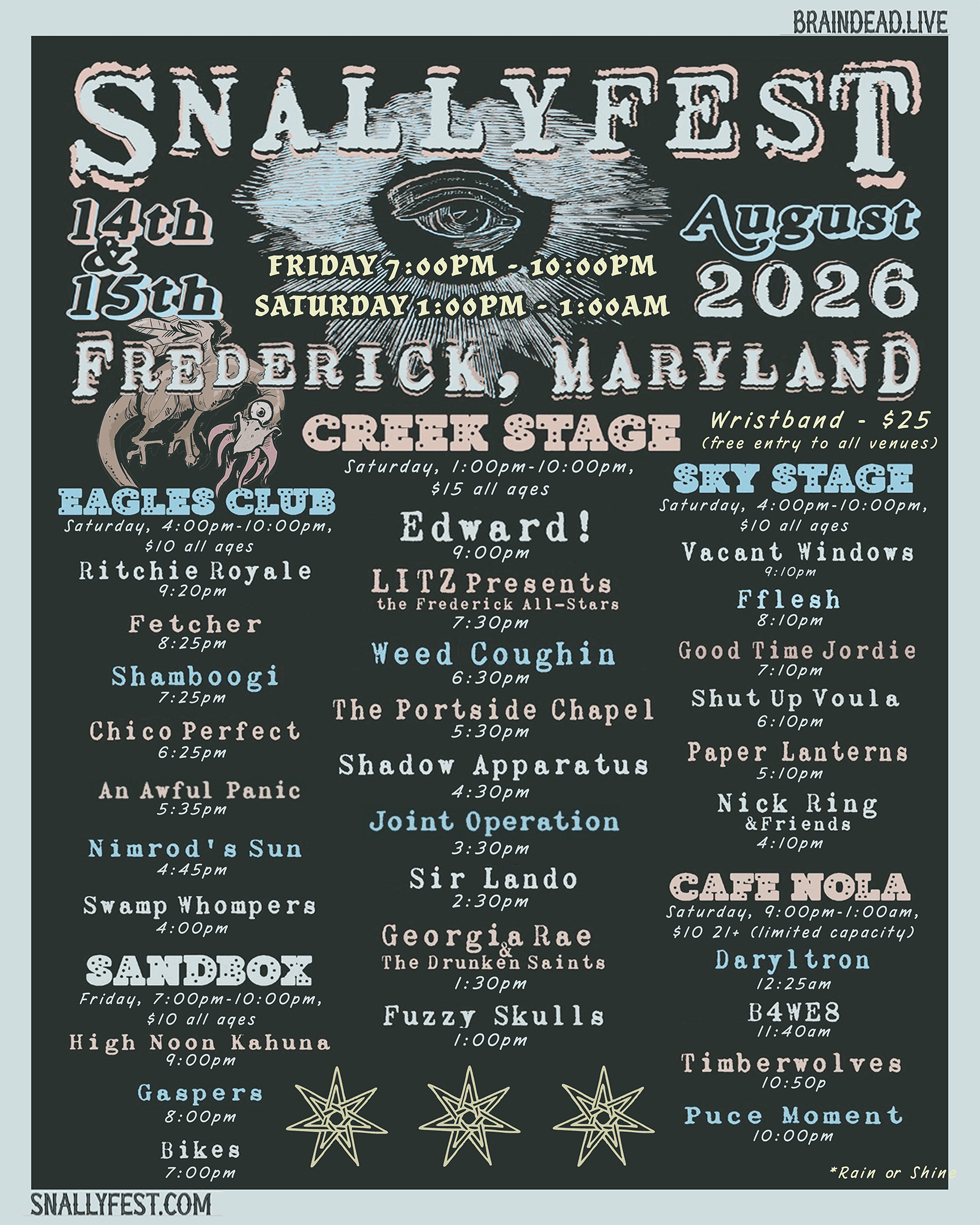 Snallyfest 2026 official lineup poster — August 14 & 15, Frederick Maryland — featuring Edward!, LITZ, Weed Coughin, Good Time Jordie, and 30+ more bands across 5 venues