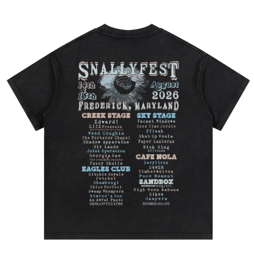 Snallyfest 2026 t-shirt back — full lineup printed on back