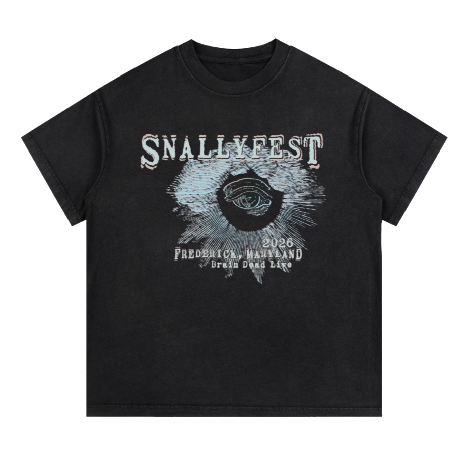Snallyfest 2026 t-shirt front — dark shirt with eye graphic and text